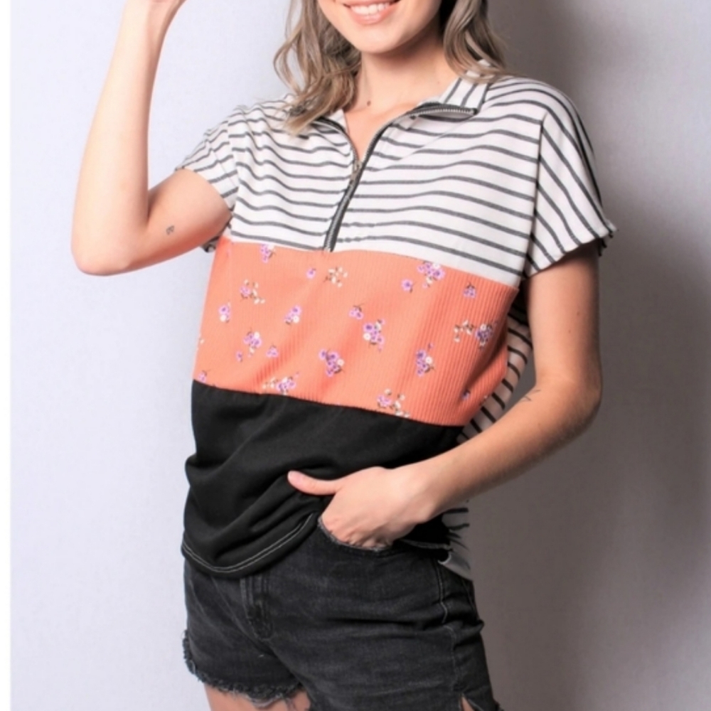 ⬇️🥳🧡🖤Short Sleeve Colorblock Top with Zipper
